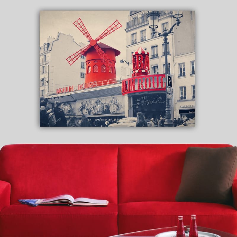 Lærred 70x100 cm - Farverig skildring af Moulin Rouge med dens karakteristiske røde vindmølle - Rød / Sort / Grå - Boligtilbehør - Billeder & kunst - Billeder på lærred