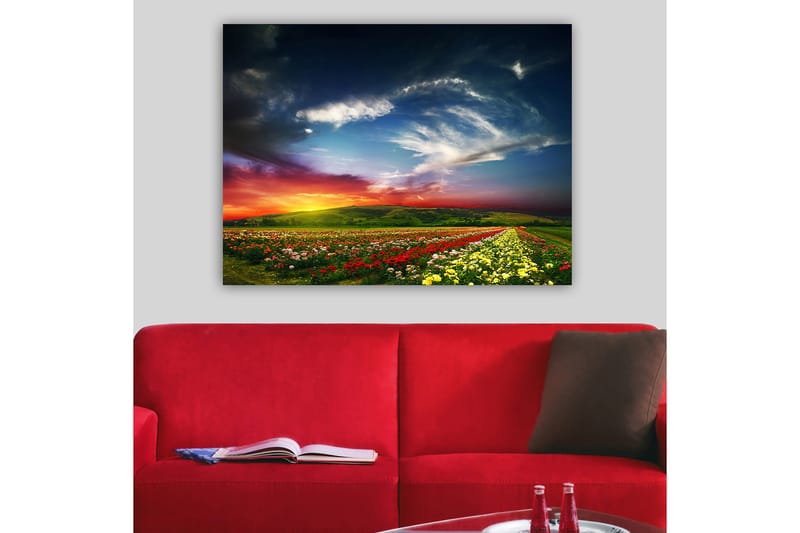 Lærred 70x100 cm - Farverig solnedgang over en blomstermark med varierende blomster i forgrunden - Rød / Gul / Grøn - Boligtilbehør - Billeder & kunst - Billeder på lærred