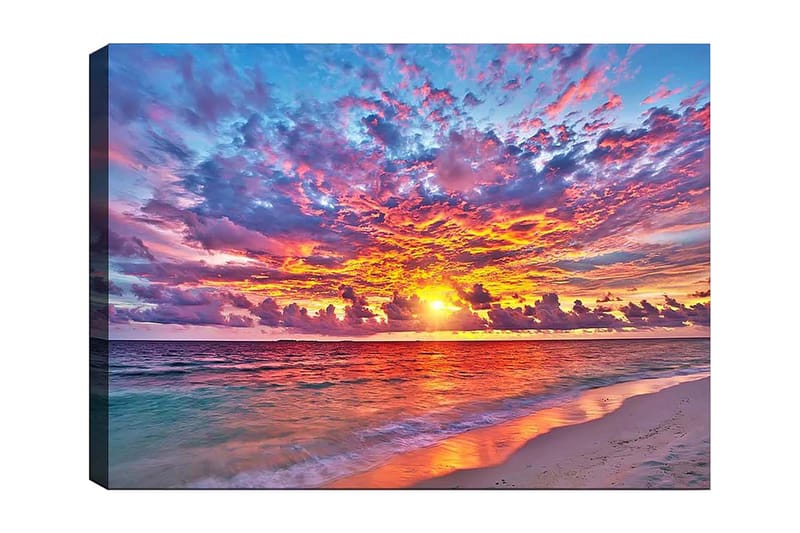 Lærred 70x100 cm - Farverig solnedgang over havet med dramatiske skyer, Lilla / Orange / Blå