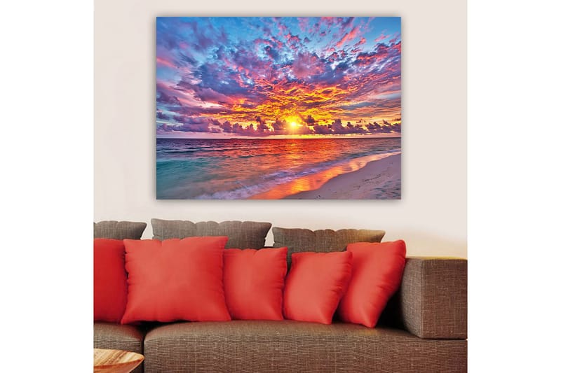 Lærred 70x100 cm - Farverig solnedgang over havet med dramatiske skyer - Lilla / Orange / Blå - Boligtilbehør - Billeder & kunst - Billeder på lærred