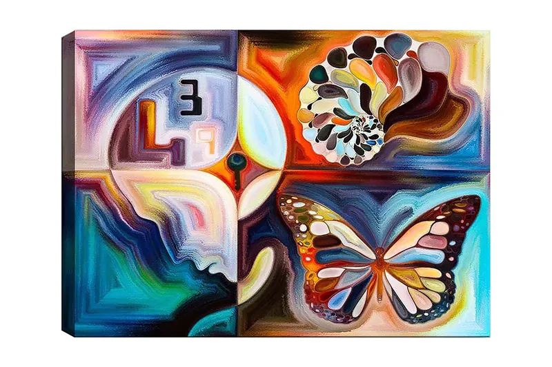 Lærred 70x100 cm - Farverig sommerfugl, der symboliserer transformation, omgivet af abstrakte former og mønstre, Blå / Orange / Hvid