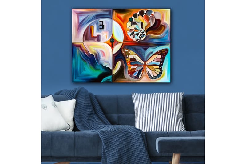 Lærred 70x100 cm - Farverig sommerfugl, der symboliserer transformation, omgivet af abstrakte former og mønstre - Blå / Orange / Hvid - Boligtilbehør - Billeder & kunst - Billeder på lærred