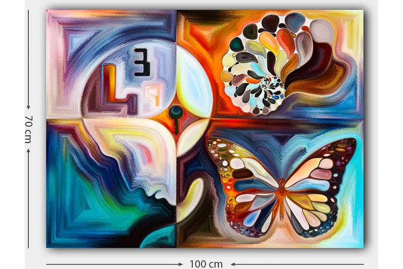 Lærred 70x100 cm - Farverig sommerfugl, der symboliserer transformation, omgivet af abstrakte former og mønstre - Blå / Orange / Hvid - Boligtilbehør - Billeder & kunst - Billeder på lærred