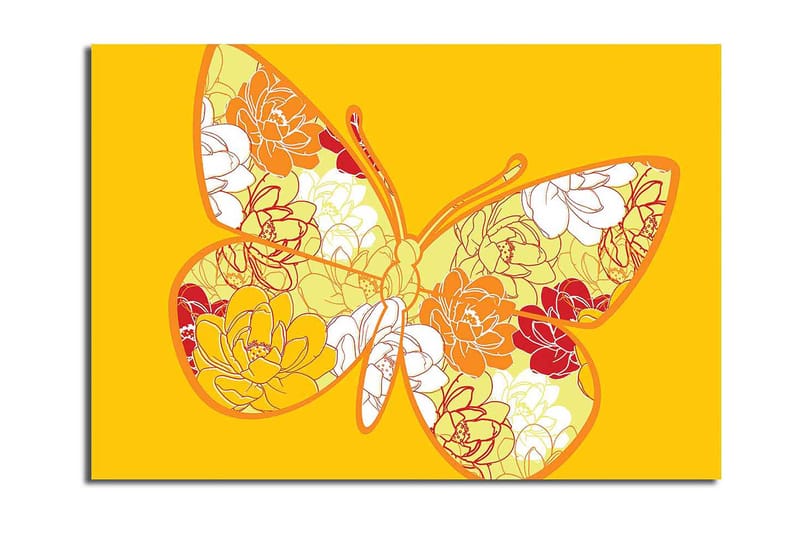 Lærred 70x100 cm - Farverig sommerfugl med blomstermotiv i livlige nuancer, Gul / Orange / Rød
