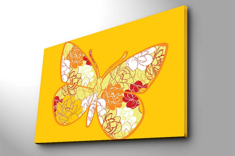 Lærred 70x100 cm - Farverig sommerfugl med blomstermotiv i livlige nuancer - Gul / Orange / Rød - Boligtilbehør - Billeder & kunst - Billeder på lærred
