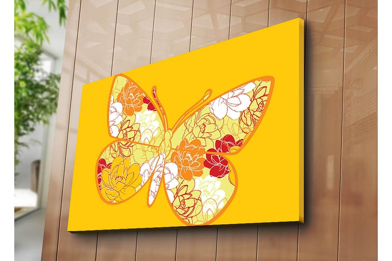 Lærred 70x100 cm - Farverig sommerfugl med blomstermotiv i livlige nuancer - Gul / Orange / Rød - Boligtilbehør - Billeder & kunst - Billeder på lærred