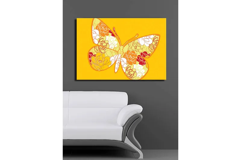 Lærred 70x100 cm - Farverig sommerfugl med blomstermotiv i livlige nuancer - Gul / Orange / Rød - Boligtilbehør - Billeder & kunst - Billeder på lærred