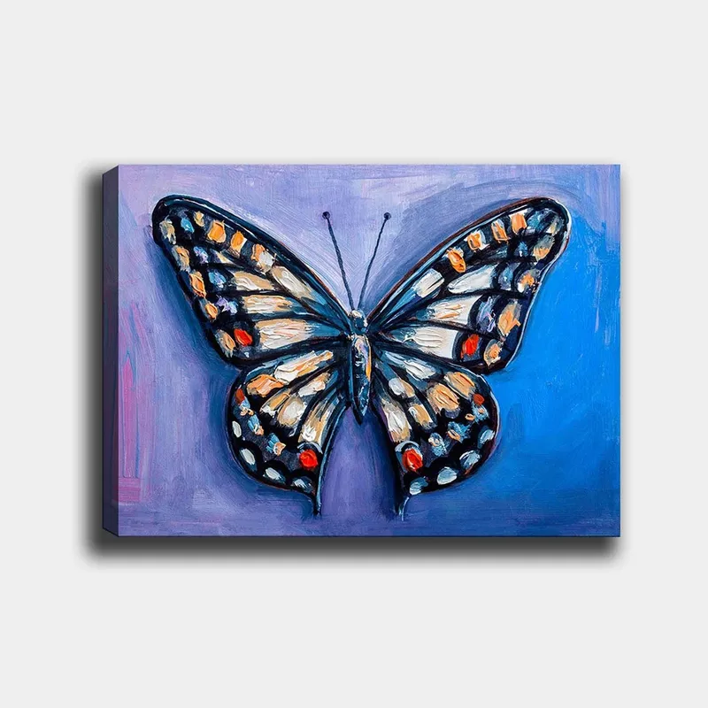 Lærred 70x100 cm - Farverig sommerfugl med detaljerede mønstre i vingerne, Blå / Orange / Sort