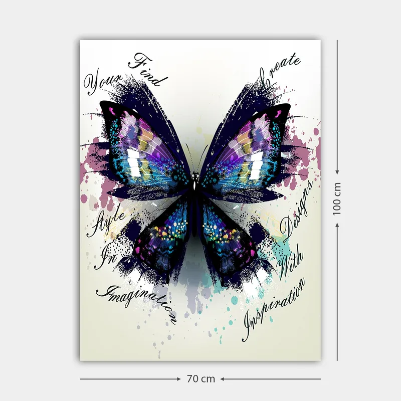 Lærred 70x100 cm - Farverig sommerfugl med detaljerede vinger, der symboliserer kreativitet og inspiration - Lilla / Blå / Sort - Boligtilbehør - Billeder & kunst - Billeder på lærred