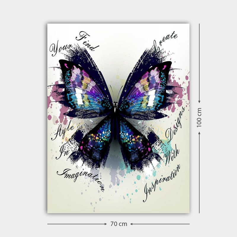 Lærred 70x100 cm - Farverig sommerfugl med detaljerede vinger, der symboliserer kreativitet og inspiration - Lilla / Blå / Sort - Boligtilbehør - Billeder & kunst - Billeder på lærred
