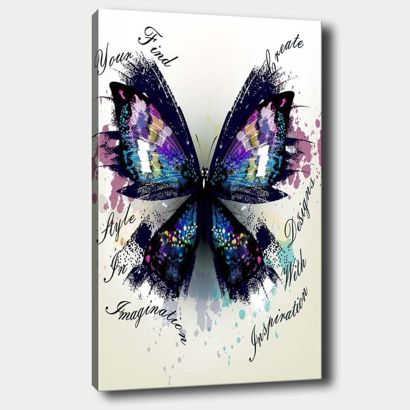Lærred 70x100 cm - Farverig sommerfugl med detaljerede vinger, der symboliserer kreativitet og inspiration, Lilla / Blå / Sort