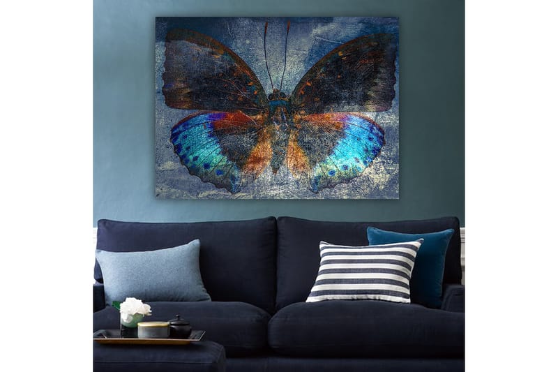 Lærred 70x100 cm - Farverig sommerfugl med detaljerede vinger i blå og orange - Blå / Orange / Sort - Boligtilbehør - Billeder & kunst - Billeder på lærred