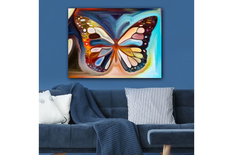 Lærred 70x100 cm - Farverig sommerfugl med detaljerede vinger i forskellige nuancer, Orange / Blå / Hvid