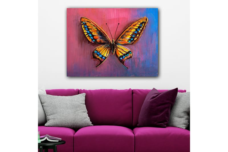 Lærred 70x100 cm - Farverig sommerfugl med detaljerede vinger i orange og blå, Orange / Blå / Lilla