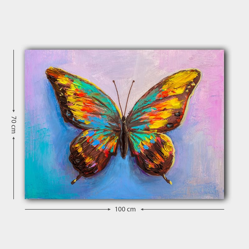 Lærred 70x100 cm - Farverig sommerfugl med detaljerede vinger - Turkis / Gul / Rød - Boligtilbehør - Billeder & kunst - Billeder på lærred