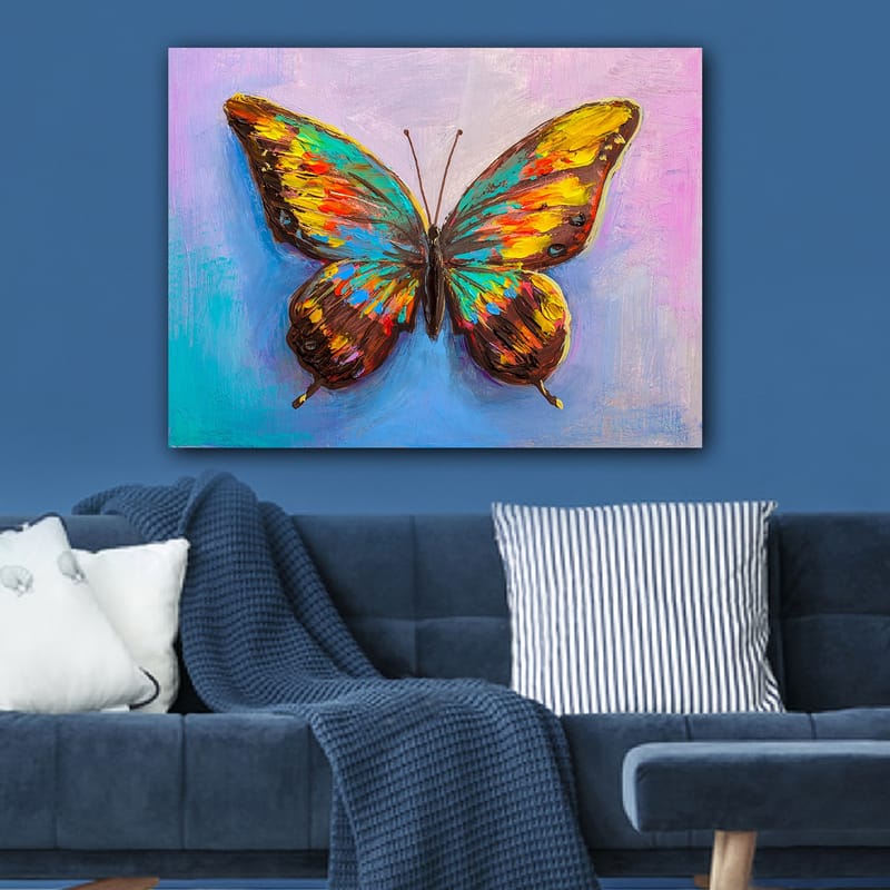 Lærred 70x100 cm - Farverig sommerfugl med detaljerede vinger - Turkis / Gul / Rød - Boligtilbehør - Billeder & kunst - Billeder på lærred