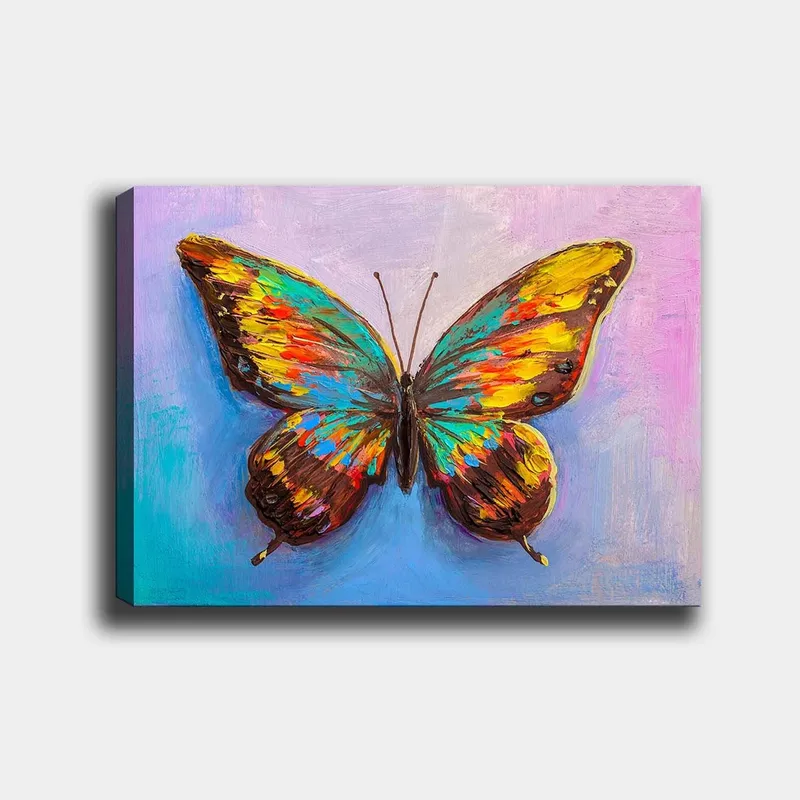 Lærred 70x100 cm - Farverig sommerfugl med detaljerede vinger, Turkis / Gul / Rød