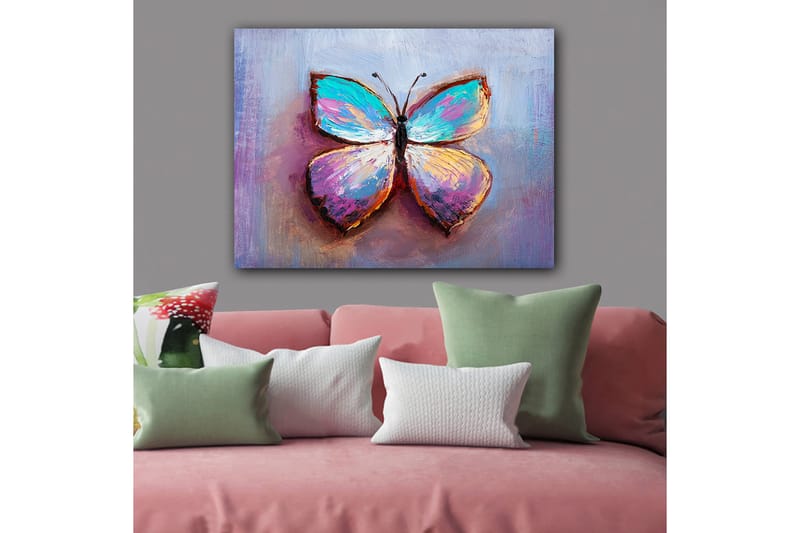 Lærred 70x100 cm - Farverig sommerfugl med smukke mønstre, Turkis / Lilla / Orange