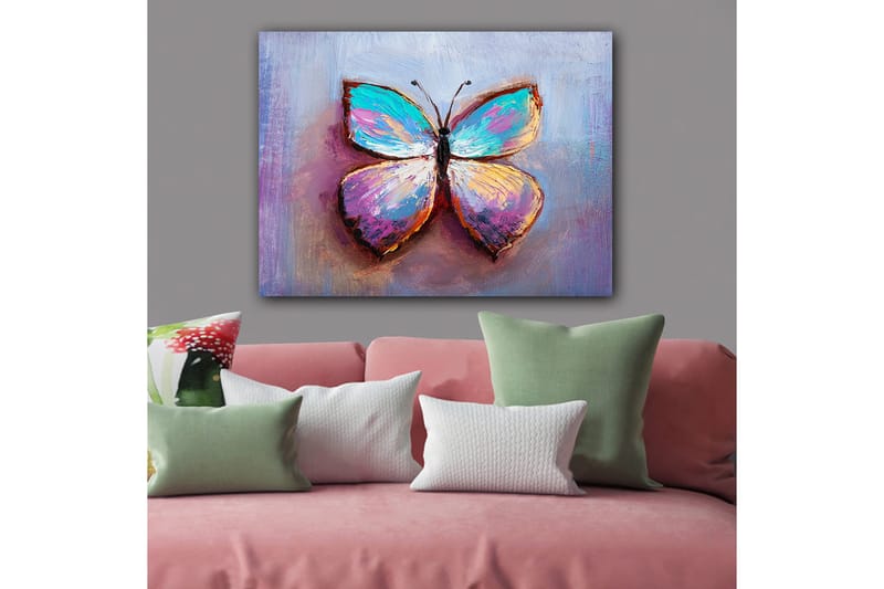 Lærred 70x100 cm - Farverig sommerfugl med smukke mønstre, Turkis / Lilla / Orange