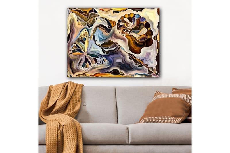 Lærred 70x100 cm - Farverig sommerfugl og muslingeskal svævende i en abstrakt komposition - Guld / Blå / Brun - Boligtilbehør - Billeder & kunst - Billeder på lærred