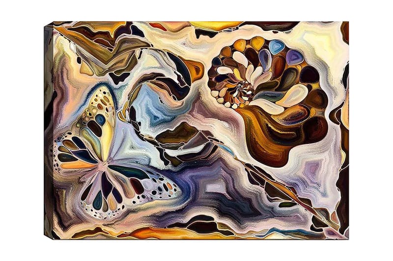 Lærred 70x100 cm - Farverig sommerfugl og muslingeskal svævende i en abstrakt komposition, Guld / Blå / Brun