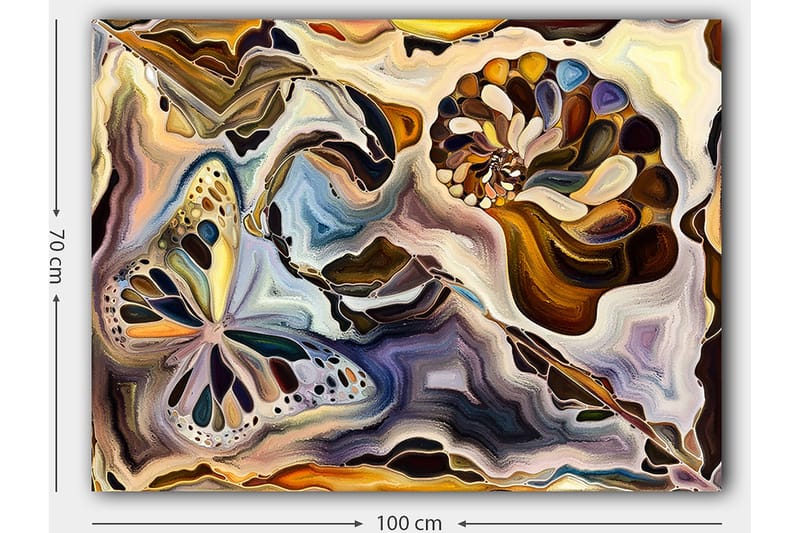 Lærred 70x100 cm - Farverig sommerfugl og muslingeskal svævende i en abstrakt komposition - Guld / Blå / Brun - Boligtilbehør - Billeder & kunst - Billeder på lærred