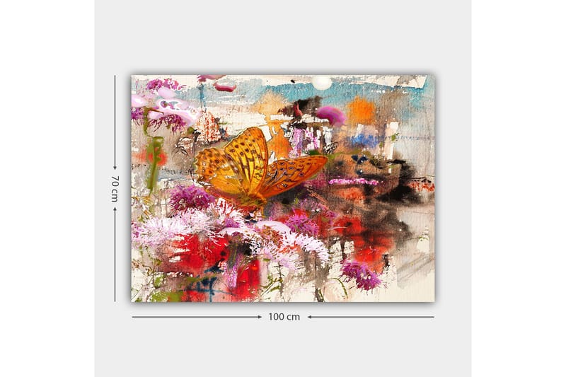 Lærred 70x100 cm - Farverig sommerfugl siddende på blomster i et levende og abstrakt naturligt miljø - Orange / Pink / Rød - Boligtilbehør - Billeder & kunst - Billeder på lærred