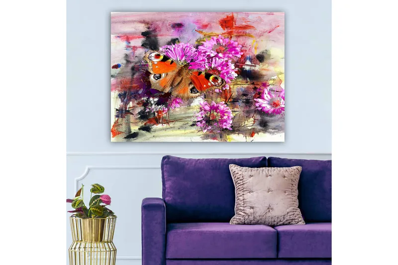 Lærred 70x100 cm - Farverig sommerfugl siddende på blomster i en abstrakt komposition - Orange / Pink / Brun - Boligtilbehør - Billeder & kunst - Billeder på lærred