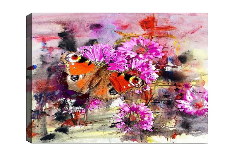 Lærred 70x100 cm - Farverig sommerfugl siddende på blomster i en abstrakt komposition, Orange / Pink / Brun