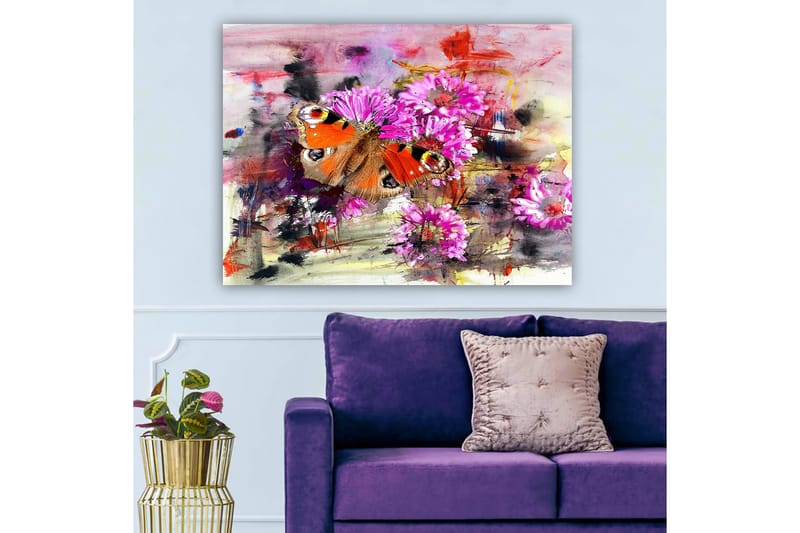 Lærred 70x100 cm - Farverig sommerfugl siddende på blomster i en abstrakt komposition - Orange / Pink / Brun - Boligtilbehør - Billeder & kunst - Billeder på lærred