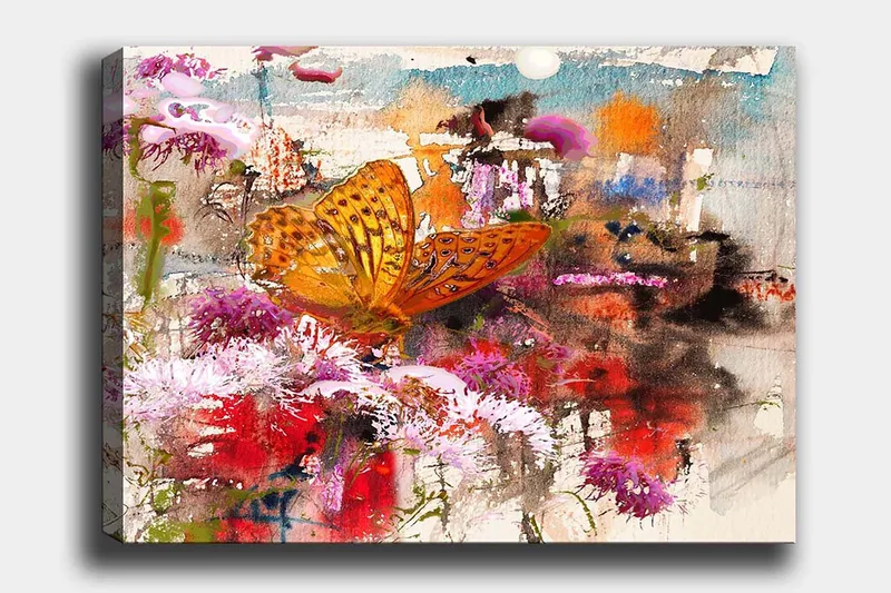 Lærred 70x100 cm - Farverig sommerfugl siddende på blomster i et levende og abstrakt naturligt miljø, Orange / Pink / Rød