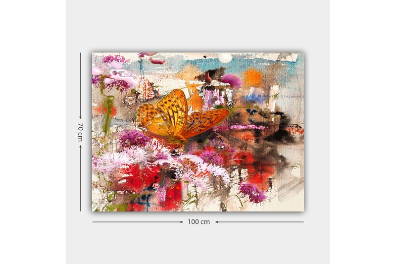 Lærred 70x100 cm - Farverig sommerfugl siddende på blomster i et levende og abstrakt naturligt miljø - Orange / Pink / Rød - Boligtilbehør - Billeder & kunst - Billeder på lærred