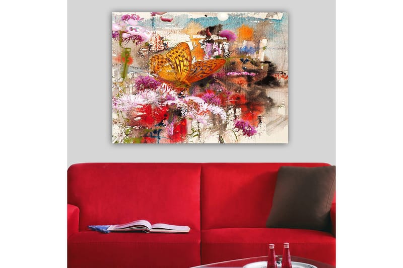 Lærred 70x100 cm - Farverig sommerfugl siddende på blomster i et levende og abstrakt naturligt miljø - Orange / Pink / Rød - Boligtilbehør - Billeder & kunst - Billeder på lærred