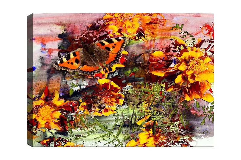 Lærred 70x100 cm - Farverig sommerfugl siddende på blomster i en livlig have, Orange / Gul / Grøn