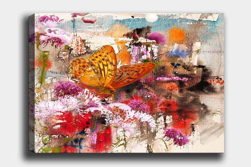 Lærred 70x100 cm - Farverig sommerfugl siddende på blomster i et levende og abstrakt naturligt miljø, Orange / Pink / Rød