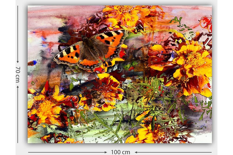 Lærred 70x100 cm - Farverig sommerfugl siddende på blomster i en livlig have - Orange / Gul / Grøn - Boligtilbehør - Billeder & kunst - Billeder på lærred