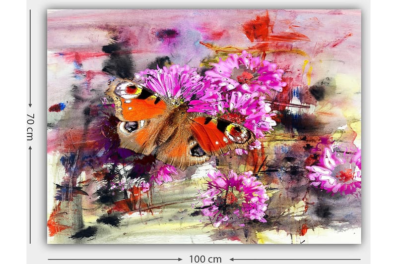 Lærred 70x100 cm - Farverig sommerfugl siddende på blomster i en abstrakt komposition - Orange / Pink / Brun - Boligtilbehør - Billeder & kunst - Billeder på lærred