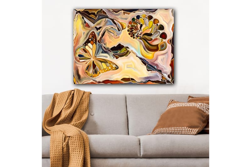 Lærred 70x100 cm - Farverig sommerfugl svæver over en spiralstruktur i bløde, organiske former - Guld / Brun / Orange - Boligtilbehør - Billeder & kunst - Billeder på lærred