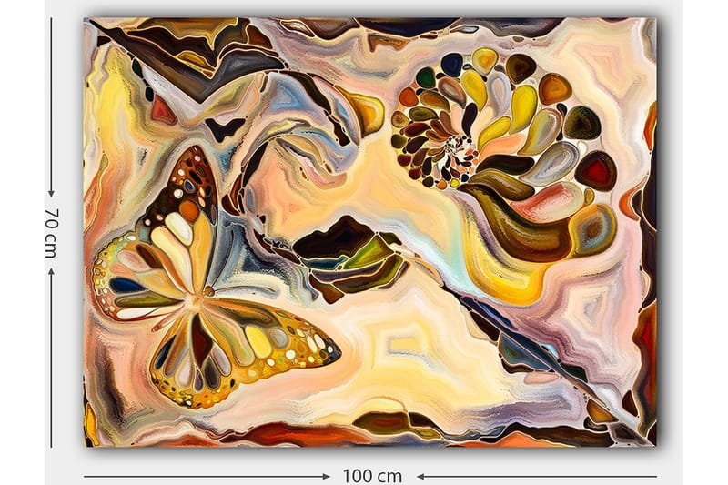 Lærred 70x100 cm - Farverig sommerfugl svæver over en spiralstruktur i bløde, organiske former - Guld / Brun / Orange - Boligtilbehør - Billeder & kunst - Billeder på lærred