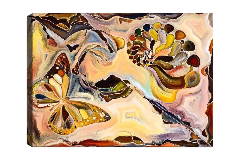 Lærred 70x100 cm - Farverig sommerfugl svæver over en spiralstruktur i bløde, organiske former, Guld / Brun / Orange