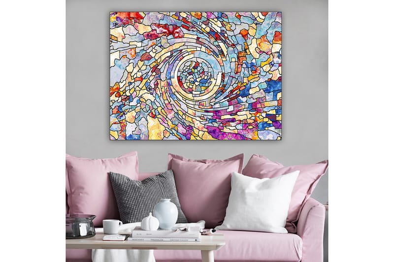 Lærred 70x100 cm - Farverig spiral af abstrakte former, der skaber en dynamisk bevægelse - Blå / Rød / Gul - Boligtilbehør - Billeder & kunst - Billeder på lærred