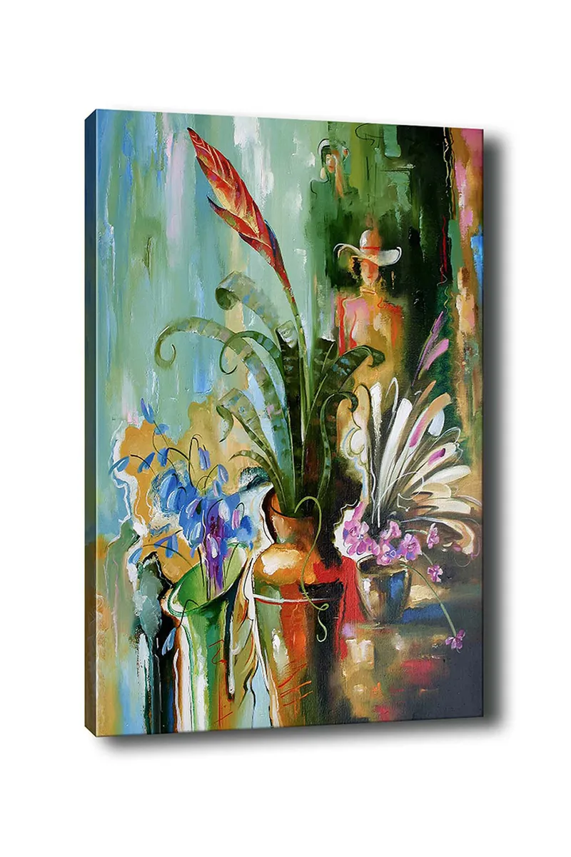 Lærred 70x100 cm - Farverig stilhed med blomster og planter i vaser, Grøn / Rød / Lilla