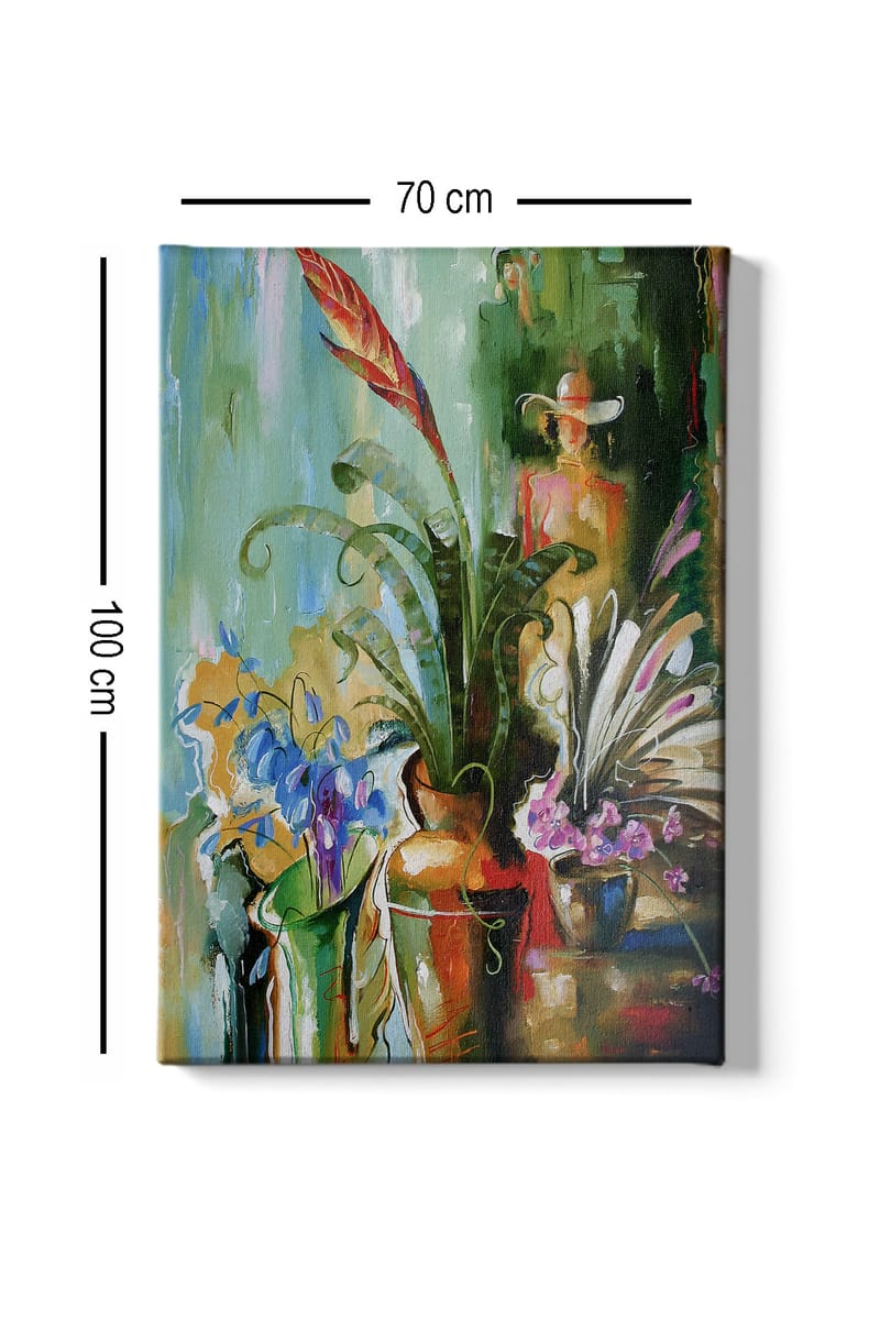 Lærred 70x100 cm - Farverig stilhed med blomster og planter i vaser - Grøn / Rød / Lilla - Boligtilbehør - Billeder & kunst - Billeder på lærred