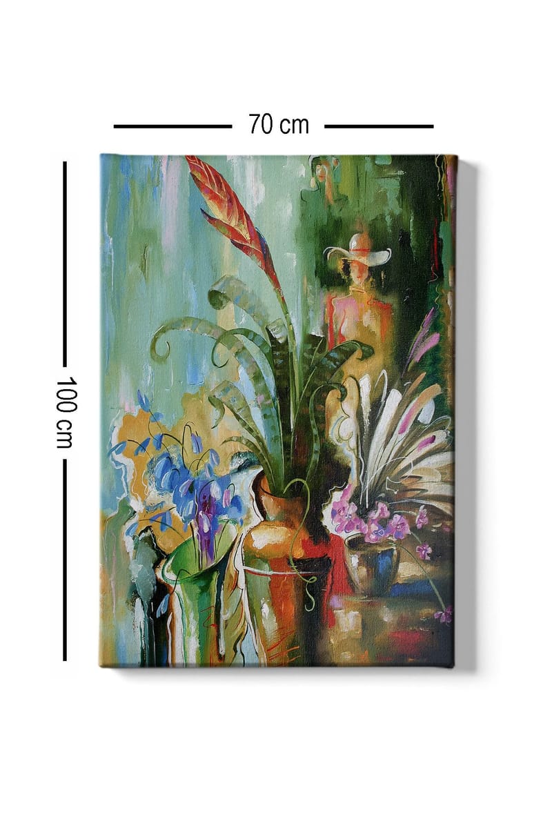 Lærred 70x100 cm - Farverig stilhed med blomster og planter i vaser - Grøn / Rød / Lilla - Boligtilbehør - Billeder & kunst - Billeder på lærred