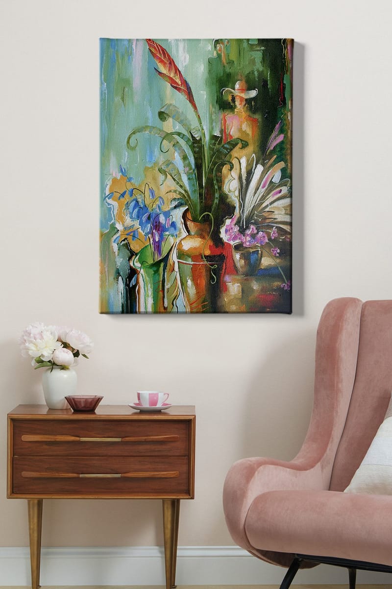 Lærred 70x100 cm - Farverig stilhed med blomster og planter i vaser - Grøn / Rød / Lilla - Boligtilbehør - Billeder & kunst - Billeder på lærred