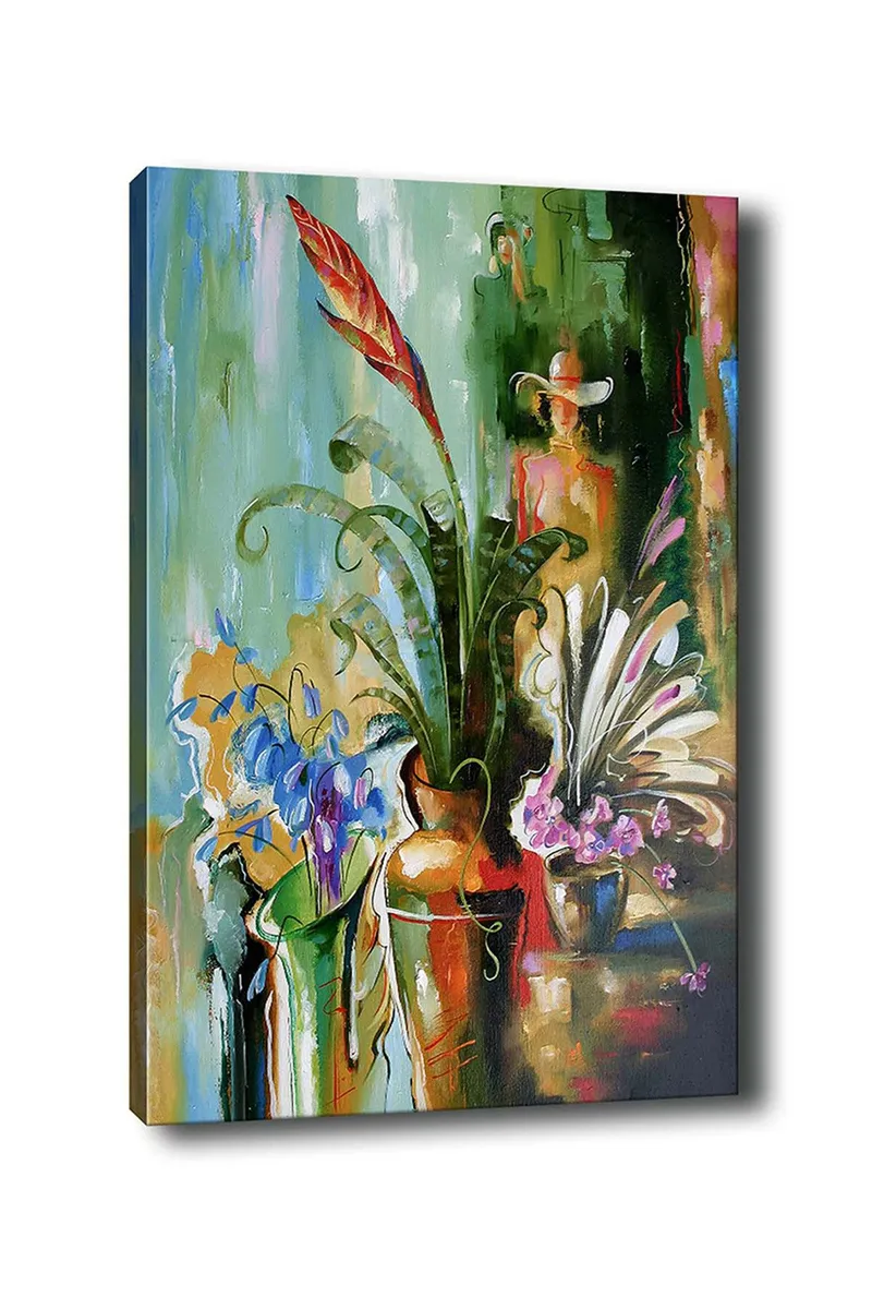 Lærred 70x100 cm - Farverig stilhed med blomster og planter i vaser, Grøn / Rød / Lilla