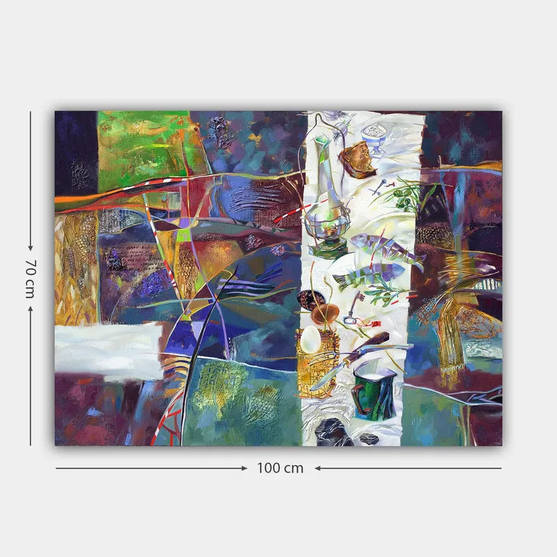 Lærred 70x100 cm - Farverig stilhed med et dækket bord, der viser forskellige genstande og mad - Grøn / Blå / Lilla - Boligtilbehør - Billeder & kunst - Billeder på lærred