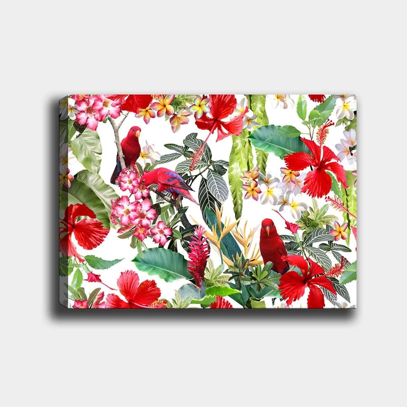 Lærred 70x100 cm - Farverig tropisk flora med røde papegøjer og blomster, Rød / Grøn / Lyserød