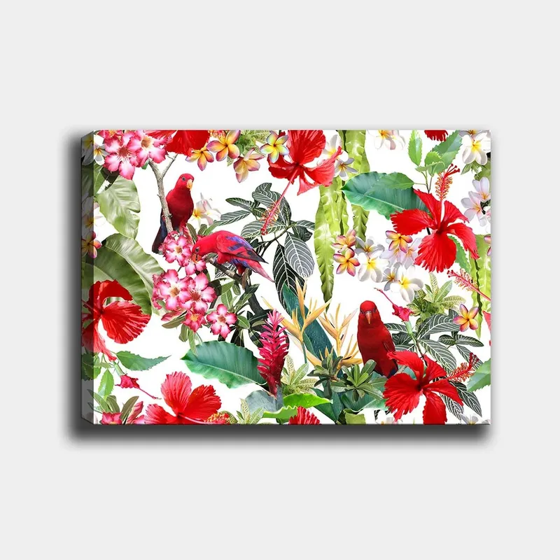 Lærred 70x100 cm - Farverig tropisk flora med røde papegøjer og blomster, Rød / Grøn / Lyserød