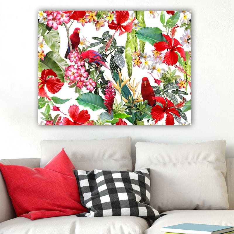 Lærred 70x100 cm - Farverig tropisk flora med røde papegøjer og blomster - Rød / Grøn / Lyserød - Boligtilbehør - Billeder & kunst - Billeder på lærred